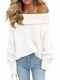 Saodimallsu Damen Pullover Schulterfrei Langarm Strickpullover Lose Grobstrick Jumper Sweater Einfarbig Casual Winter Pulli Weiß M