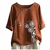 KOG Damen T-Shirt Freizeit Leinenhemd Tuniken Elegante Baumwolle Tshirt Frau Longbluse Lose Grafik Kleidung Frauen Rundhals Casual Tshirts Rot XL