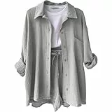 DHYUEN Sport Outfit Damen Set Oversize Loungewear Damen Sommer Outfit Sommershirt Set Einfrabige Button Down Shirt Sommerbluse Damen Set Hose Und Oberteil Lounge Set Trachtenbluse(2-Light Gray,S)