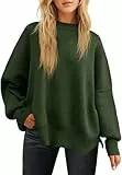 Fisoew Damen Pullover Langarm Rundhals Einfarbig Strickpullover Herbst Winter Pulli Oberteile mit Seitenschlitz Militärgrün,M