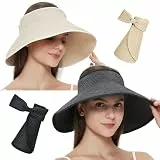 Maylisacc Strohhut Damen, Faltbar Strohhut UV Schutz 50 Sonnenhut Elegant Sommerhut Breite Krempe Visor Cap-Einstellbar, 55-59cm, Schwarz+Beige