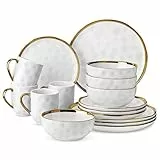 LOVECASA Tafelservice Set, Serie Apollo, 16-teilig SWEET Geschirrset aus Porzellan, Weiß Geschirr Set mit Goldrand, Kombiservice für 4 Personen mit Speiseteller, Dessertteller, Schalen und Tassen