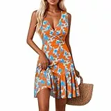 Sommerkleider Damen Leicht Und Luftig Sommerkleid Strandkleid Kleider Elegant Hochzeitskleider Summ Damenkleid Kleider Sommer Damen Sommerkleider Lang Häkel Pullover Mini Dress (Saffron,L)