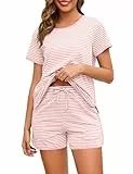 Namatime Schlafanzug Damen Kurz Baumwolle Pyjama Sets 2 Stück Loungewear Stripe Nachtwäsche Kurzarm Top und Shorts mit Taschen Rosa S