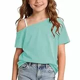 XINYUNZU T-Shirt Mädchen Sommer Asymmetrisches Tshirt Tee Shirt Schulterfrei One-Shouldertop Girls Casual Oberteil Kurzarm Einfarbig Mode T-Shirts für Kinder Mintgrün 11 Jahre
