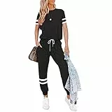 Litthing Damen Trainingsanzug Jogginganzug 2 Stücke Set Kurzarm Top/Hose Freizeitkleidung Sportswear für Running Yoga Gym (Schwarz, L)