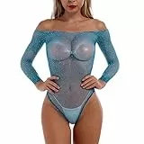 IBAKOM Damen-Body mit glitzerndem Glitzer-Strass-Netz, durchscheinend, Netz-Body, langärmelig, Turnanzug, Top, Teddy, Dessous, Catsuit, Bühne, Clubwear, Nachtclub, Rave-Outfit, seeblau, Einheitsgröße