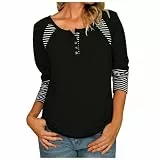 SOYNIA Pullover Cardigan Sweater Damen T-Shirt Tops Lässig V-Ausschnitt Tunika Tops Gestreifter Knopf Pullover Sweatshirt Freizeit T-Shirt M Schwarz