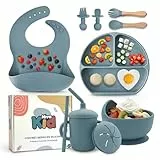 Baby Silikon Geschirr Set, Kindergeschirr Set mit BabyTeller mit Saugnapf, Geschirrset Baby für Beikost & selbstständiges Essen, besteckset ab 6 monate, Essen zubehör & BLW Zubehör ohne BPA