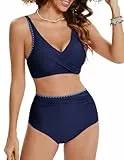 Hanna Nikole Frauen Zweiteilig Badeanzug Bikini Elastische Badeoberteile mit Pleated Badeshorts Marineblau M