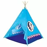 Bino Spielzelt TeePee, Zelt Kinderzimmer Zubehör, Kinderspielzeug (Kinder Tipi Zelt, Spielhaus für Kinder ab 3 Jahre, drinnen & draußen geeignet, mit Indianer Motiven, Größe 120x120x150 cm), Blau