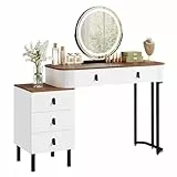 WOLTU Schminktisch mit Beleuchtung, 3 einstellbare Helligkeiten, für Schlafzimmer, Frisiertisch mit Spiegel, 1 Seitenschrank 5 Schubladen, modern, Braun-Holzoptik & Weiß