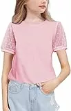 Arshiner Mädchen Chiffon Ärmel T-Shirt Baumwolle Freizeit Elegant Kurzarmshirt Mode Rundhals Bequem Oberteile Sommer Basic Tshirts für Kinder 7-8 Jahre Pink