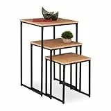 Relaxdays Beistelltisch 3er Set, stapelbar, Industrie Design, Satztisch 3 Größen, quadratisch, Metall, Hellbraun/schwarz