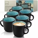 SÄNGER Granada | Kaffeebecher 6 Personen, Steingut Kaffeetassen Set 6er, Tassen Teetasse spülmaschinenfest mikrowellenfest, Coffee Mug blau mit schwarzem Rand 430 ml | VALUE COLLECTION