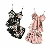 ZWDC 2er Pack Damen Satin Schlafanzug Kurzarm Satin Pyjama Set Zweiteiliger Hausanzug Frauen sexy Spitze Dessous drucken Nachtwäsche Unterwäsche Set Nachtwäsche