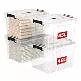 Cetomo 45L*4 Aufbewahrungsboxen, Tragbare Plastikboxen mit Deckeln, Organizer-Behälter mit Griff und Clips, Stapelbar, Ineinander Nestbar, für Zuhause und Büro, Transparent, 45L-4er Pack