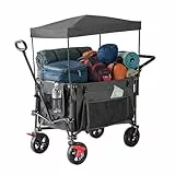 Relaxdays Bollerwagen, faltbar, 150 kg, Dach, Teleskop- & Schiebegriff, Gummireifen mit Bremse, Transportwagen, grau