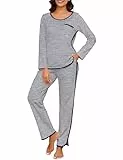 Namatime Schlafanzug Damen Lang Pyjama Baumwolle Langarm Nachtwäsche mit Schlafanzughose Warm Loungewear für Herbst Winter Marine+Weiß XL