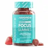 Focus Gummies - mit Ashwagandha, Koffein, Ginseng, Ginkgo Biloba, B12, Probiotikum, L Theanin - für Fokus & Konzentration - Gehirnsupplement - Alternative zu Koffeintabletten - 60 Gummies - Novomins