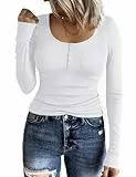Totatuit Damen Langarmshirt mit Knopfleiste Slim Fit Oberteil mit Rundhals Rippstrick Figurbetont Basic Freizeitshirt für Herbst & Winter Weiß L