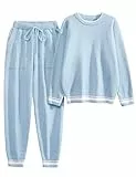Niwicee Schlafanzug Damen Fleece Pyjama Set Hausanzug Kuschelige Zweiteiliger Winter Warm Langarm Thermo Nachtwäsche Flauschig Loungewear mit Taschen (Himmelblau, S)