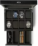 TAWBURY Uhrenbox für Herren – Uhrengehäuse mit 8 Schlitzen und Aufbewahrungsschublade, Echtglas-Display und extra breiten Kissen für große Uhren (Schwarz/Anthrazit)
