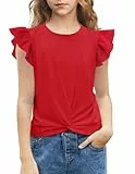 Arshiner Mädchen T-Shirts Fliegende Ärmel Freizeit Sommer Shirts Kinder Mode Rundhals Baumwolle Basic Kurzarm Tshirt für Mädchen Rot 160
