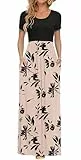 AUSELILY Damen Kurzarm Sommer Casual Long Maxi Kleider mit Taschen Hellbraune Blume Schwarz L