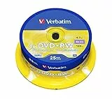 Verbatim DVD+RW 4x Matt Silver 4.7GB, 25er Pack Spindel, DVD Rohlinge beschreibbar, 4-fache Brenngeschwindigkeit & Hardcoat Scratch Guard, DVD leer, Rohlinge DVD wiederbeschreibbar