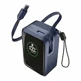 Cellularline Powerbank Roller 10.000 mAh mit 45 W Schnellladefunktion, integriertem 70 cm USB-C-Kabel, LCD-Display, DREI Anschlüssen und Trageschlaufe Blau