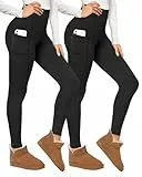 CAMPSNAIL 2er Pack Thermo Leggings Damen Im Winter, Gefüttert High Waist Thermohose Dicke Warm Fleece Leggins Blickdicht Für Sport (Schwarz/Schwarz-Taschen,S-M)