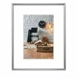 Hama Bilderrahmen Sevilla, DIN A4 (21 x 29,7 cm) mit Passepartout 15 x 20 cm, hochwertiges Glas, Kunststoff Rahmen, zum Aufhängen, silber