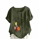 KOG Damen Tshirt Vintage Leinenshirt Bekleidung Fashion Kurzarm Kleidung Frauen Shirts Elegante Grafik Drucken Sweatshirt Henley Ausschnitt Sommer Tops Armeegrün 3XL