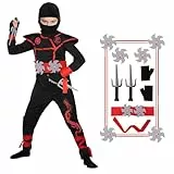 Twister.CK Ninja-Kostüm für Jungen, Deluxe-Ninja-Kostüm mit Ninja-Schaumstoff-Zubehör für Kinder, Verkleidungsparty, Größe M, Schwarz