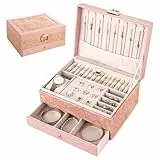 Ninonly Schmuckkästchen Ohrringe mit 2 Ebenen Printed Schmuckkästchen für Damen Mädchen PU-Leder Schmuckaufbewahrung Ohrringe für Ringe Armbänder Halskette Mit Schloss und Schlüssel Weiß