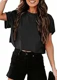 Tankaneo Crop Tops Damen Oversize Sport Oberteile Cropped Shirts Rundhals Loose Bauchfrei Sommertop Kurz T-Shirts.Schwarz.M