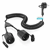 Verlängerungskabel Spiralkabel, IP20 Verlängerungskabel Wasserdicht, 1 bis 2 Schutzkontakt Spiralkabel Dehnbar von 3M Max, Verlängerungskabel mit 2 Schuko Steckdosen (250V/16A, Schwarz)