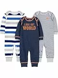 Simple Joys by Carter's Baby-Jungen 3-Pack Jumpsuits Spieler, Grau Meliert Rugby-Streifen/Marineblau Textaufdruck/Weiß Streifen, 6-9 Monate (3er Pack)