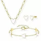 Kakonia Schmuck Set Damen - Gold Herz Anhänger Kette mit Einstellbarem Armband und Ohrringe für Valentinstag