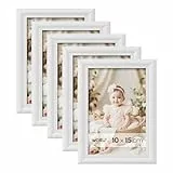 WOLTU Bilderrahmen 10x15 cm Weiß, 5er Set Fotorahmen aus Massivholz und PS-Platte, Holzrahmen mit Passepartout, zum vertikalen oder horizontalen Aufhängen/Aufstellen, Posterrahmen Collage Wanddeko