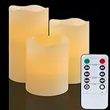 YIWER Flammenlose batteriebetriebene LED-Kerzen: Echte Wachssäulenlampen mit Fernbedienung Elektrisches Fake-Flackern zur Dekoration Weihnachten Hochzeit Geburtstagsfeier Outdoor(Elfenbein, 3×1)