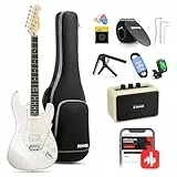 Donner E-Gitarre Set 39 Zoll mit Ahorn Griffbrett, E Gitarren mit Verstärker, Tasche, Capo, Gurt, Saiten, Tuner, Kabel und Plektren (Weiß)