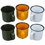 BESTonZON Emaille Tasse 6er-Set, Kaffeetassen Tassen Weiß/Schwarz/Blau/Grün/Gelb/Rot/, Porzellan Emaille Teetassen Kaffeebecher Set Mit Henkel Für Outdoor/Camping Und Geschenk (Random Colour)