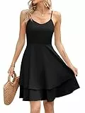 Missufe Sommer Freizeit V-Ausschnitt Spaghettiträger Trägerkleid Damen Double Layered Rüschen Ärmellos Swing Skater Kleider (Schwarz, Groß)