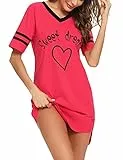 Litherday Nachthemd Damen Nachtwäsche Baumwolle Loungewear Nachtkleid Kurz Negligee Streifen Kurze Ärmel Sleepshirt Kurzarm V-Ausschnitt Sleepwear Bequeme Freizeitkleid, Rot, XXL