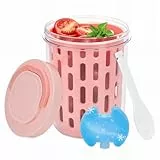Bugucat Snackbox mit Kühlakku Kinder 620ml,Bento Box Salat To Go Box mit Deckel, Snack Box mit Gabel & Sieb für Obst Gemüse, Multifunktional Salatbox Obstboxfür Schule Büro Picknick,Rosa