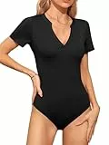 Missufe Damen Sommer Body V-Ausschnitt Kurzarm Figurbetonte Freizeit T-Shirt Bodysuit Tops (Schwarz, Mittel)