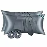RUIKASI Satin Kissenbezug 40 x 80 wie EIN Seidenkissenbezug mit 2 Haargummis - seidig Kopfkissenbezug 40x80 für Haar und Haut, Pflegeleichter als Seiden Kissenbezug Silk Pillow Case, Dunkelgrau