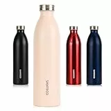 SANTECO Edelstahl Trinkflasche 1L, 100% dicht Thermosflasche 12 h heiß / 24 h kalt, absolut dicht für Schule, Büro, Sport, Outdoor